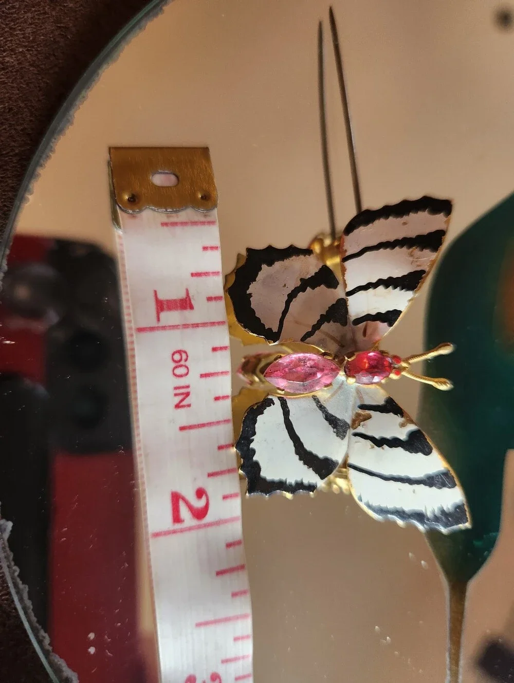 VTG 70s Butterfly Czechoslovakia Handpaint White PINK Crystal STRIPES Brooch 2